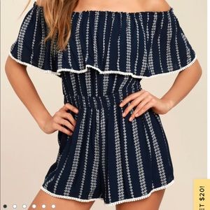 Lulus see ya there navy romper off shoulder medium